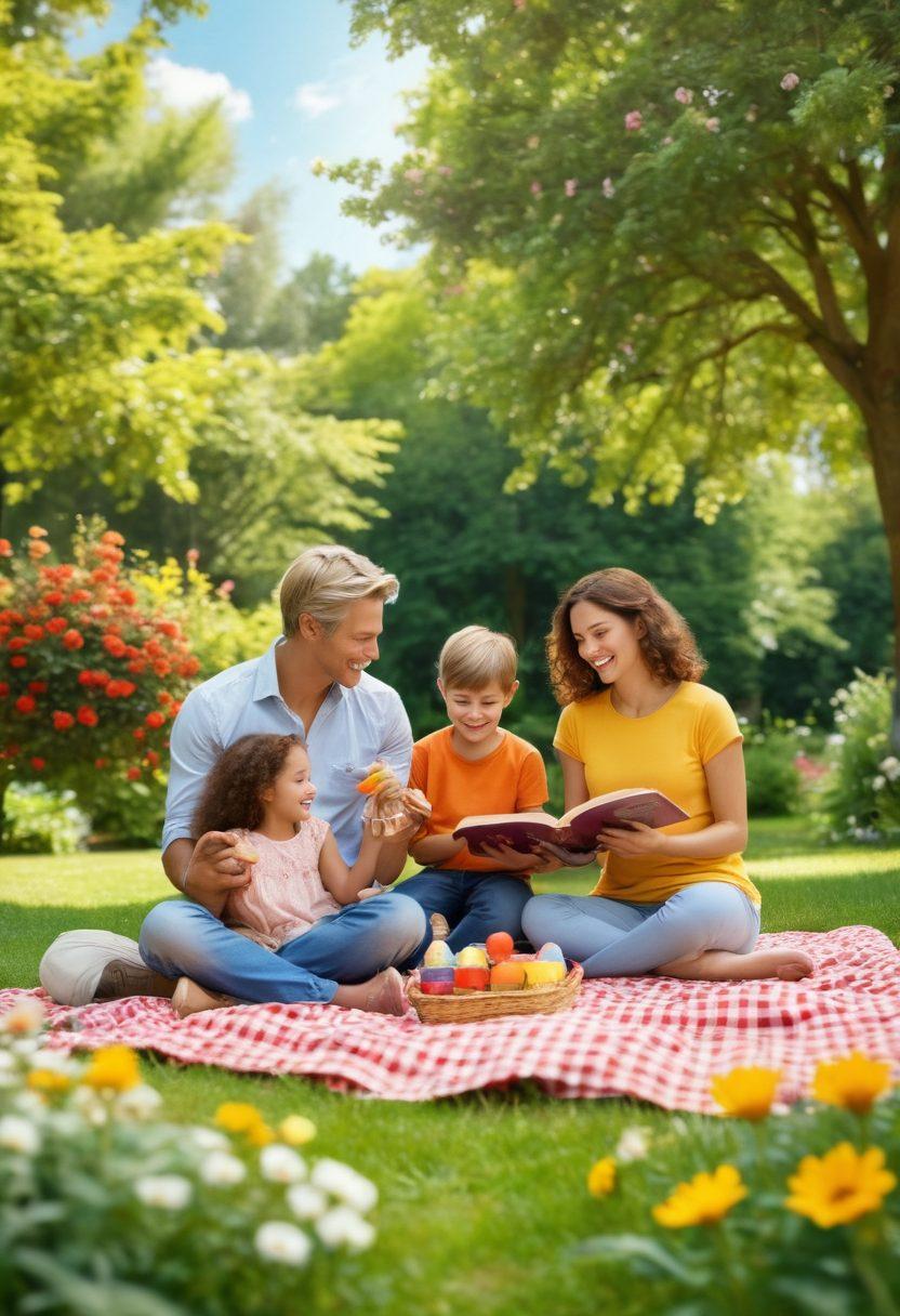 A warm, inviting family scene featuring parents and children engaged in playful activities in a sunny park, surrounded by colorful flowers and trees. Include a picnic setup with books and educational toys scattered around, symbolizing learning and growth. The family members should be smiling and interacting, showcasing love and connection. Use soft, warm colors to enhance the feeling of happiness and togetherness. super-realistic. vibrant colors. natural background.