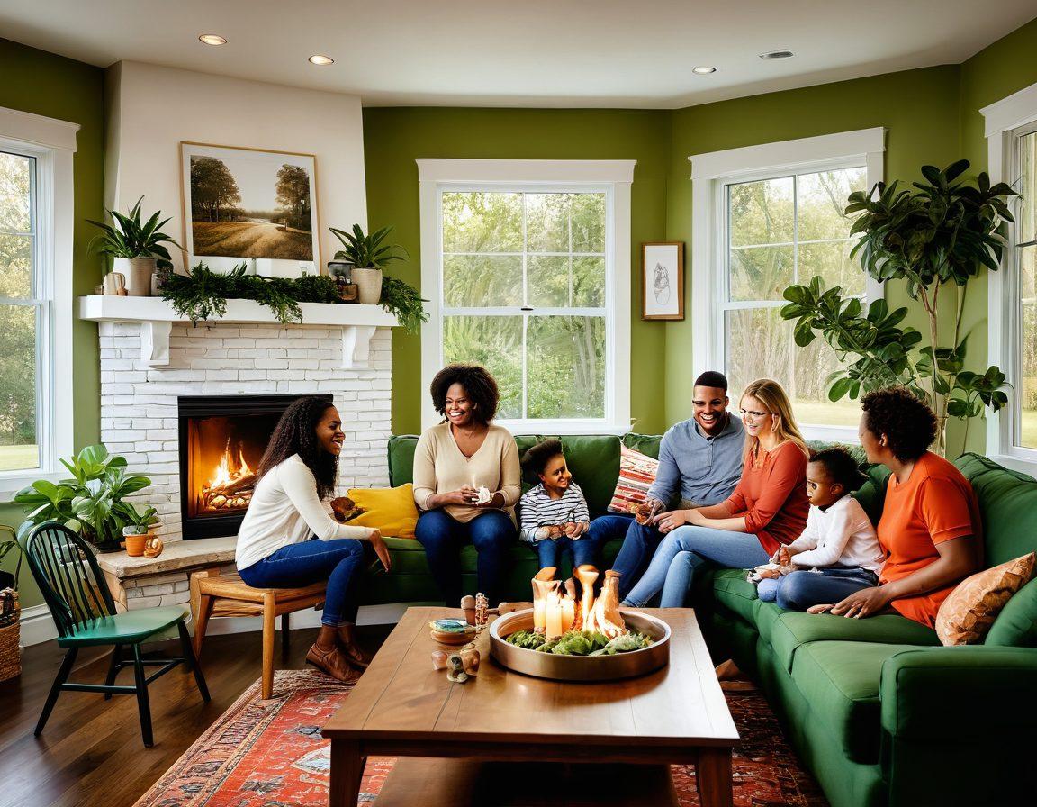 A warm, inviting family scene featuring diverse family members engaging in activities like cooking, playing games, and sharing stories. The background should have cozy home elements like a fireplace, cheerful plants, and framed family photos to represent emotional support. The expressions on their faces should radiate joy and connection, emphasizing the theme of engagement and togetherness. vibrant colors. super-realistic. cozy style.