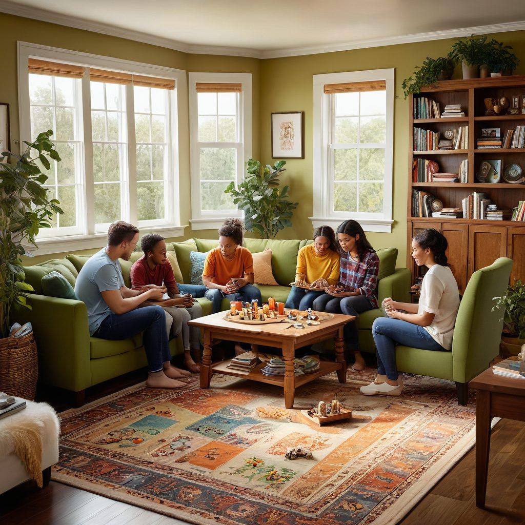 A warm and inviting family scene depicting diverse family members engaging in various activities together, such as playing board games, sharing meals, and discussing in a cozy living room. Include elements that symbolize support and growth, like a well-stocked bookshelf filled with parenting resources and art created by children adorning the walls. Soft lighting and a touch of greenery through a window should enhance the atmosphere of harmony and love. super-realistic. vibrant colors. warm tones.